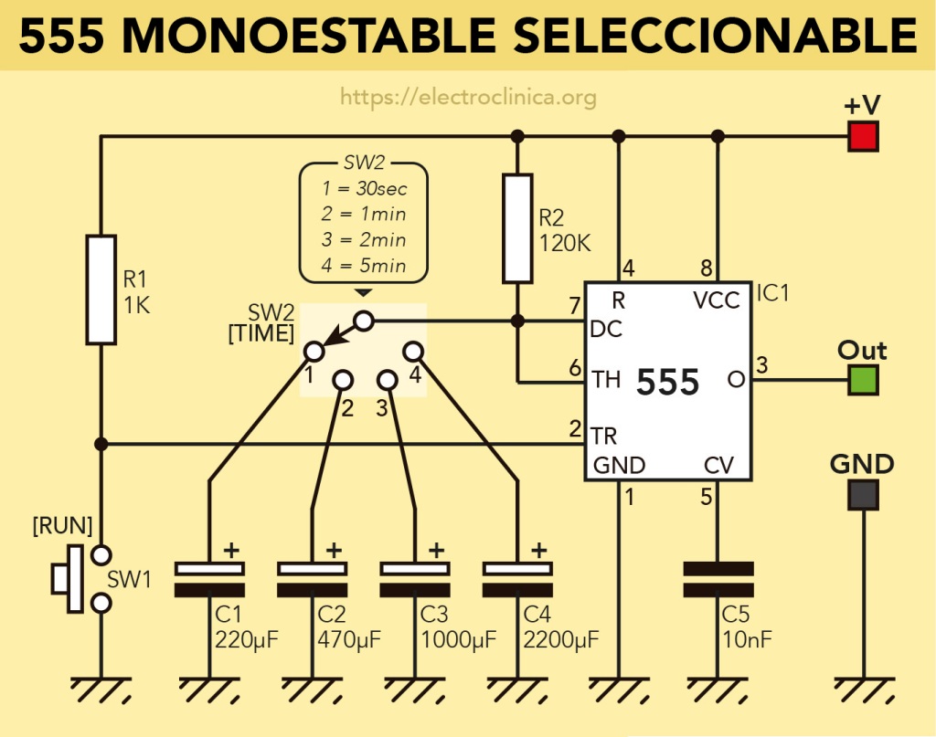 Esquema de 555 en configuración monoestable con selección de tiempos