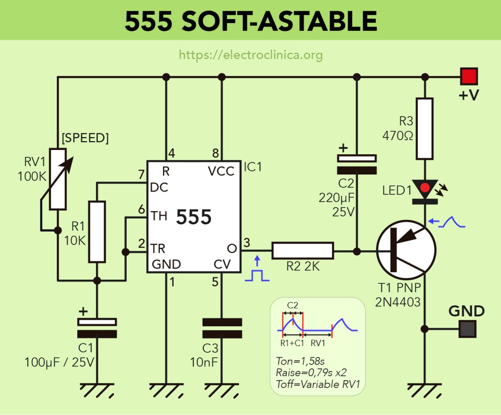 Esquema de 555 en configuración soft-astable